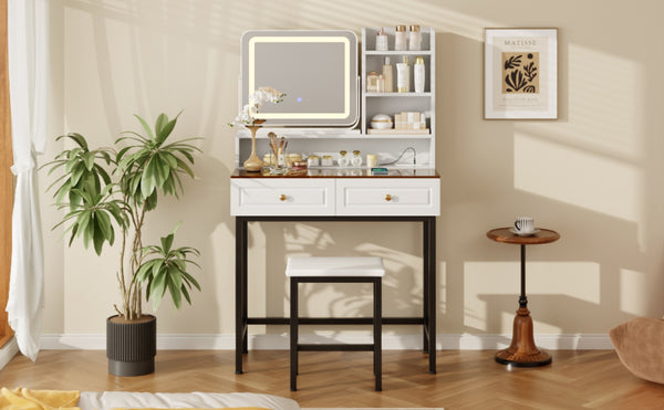 English Elm Makeup Vanity Set with Rotating Led Mirror Amber Glass Top Drawers and Charging Station N704P385441K