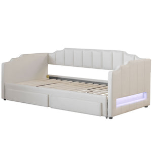 English Elm Twin Extendable Upholstered Daybed with Two Storage Drawers, LED Light, Slat Kit Included for Guests Beige N7500002061A