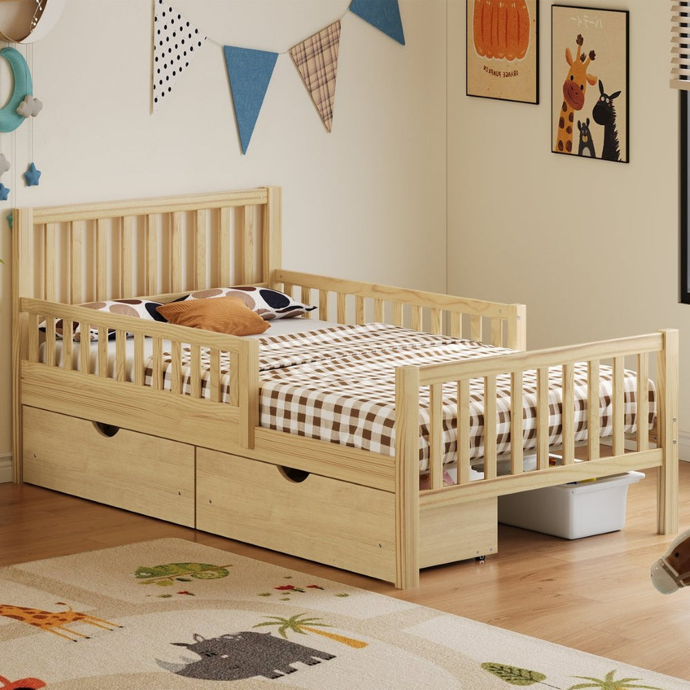 English Elm Twin Pine Platform Bed with Guardrails and Under Storage Drawers for Small Rooms N733P172696M