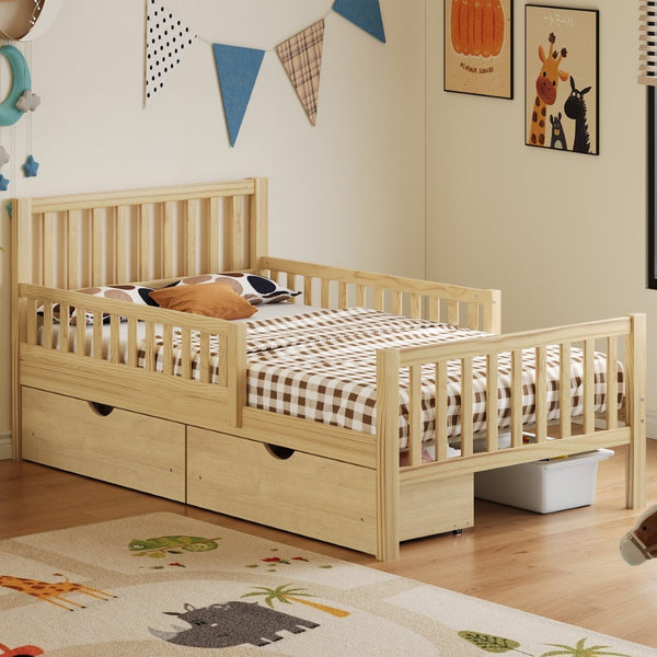 English Elm Twin Pine Platform Bed with Guardrails and Under Storage Drawers for Small Rooms N733P172696M