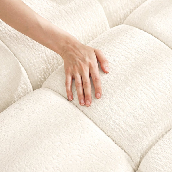 English Elm Three Seater Chenille Sofa with Ottoman Solid Wood Base Tufted Arms Living Room White W714S01653