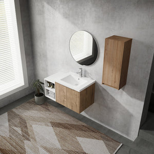 English Elm 36" Wall-Mounted Bathroom Vanity With Resin Sink & Side Cabinet - Modern Storage, Soft-Close Design W999S00224