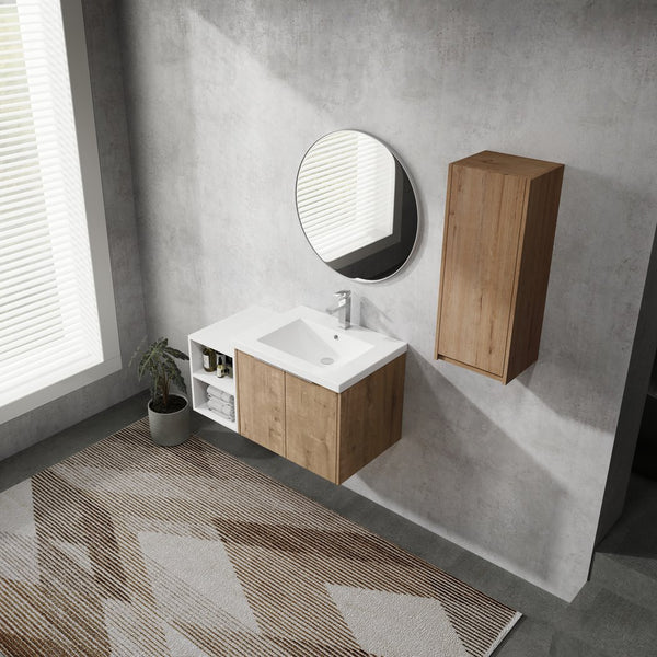 English Elm 36" Wall-Mounted Bathroom Vanity With Resin Sink & Side Cabinet - Modern Storage, Soft-Close Design W999S00224