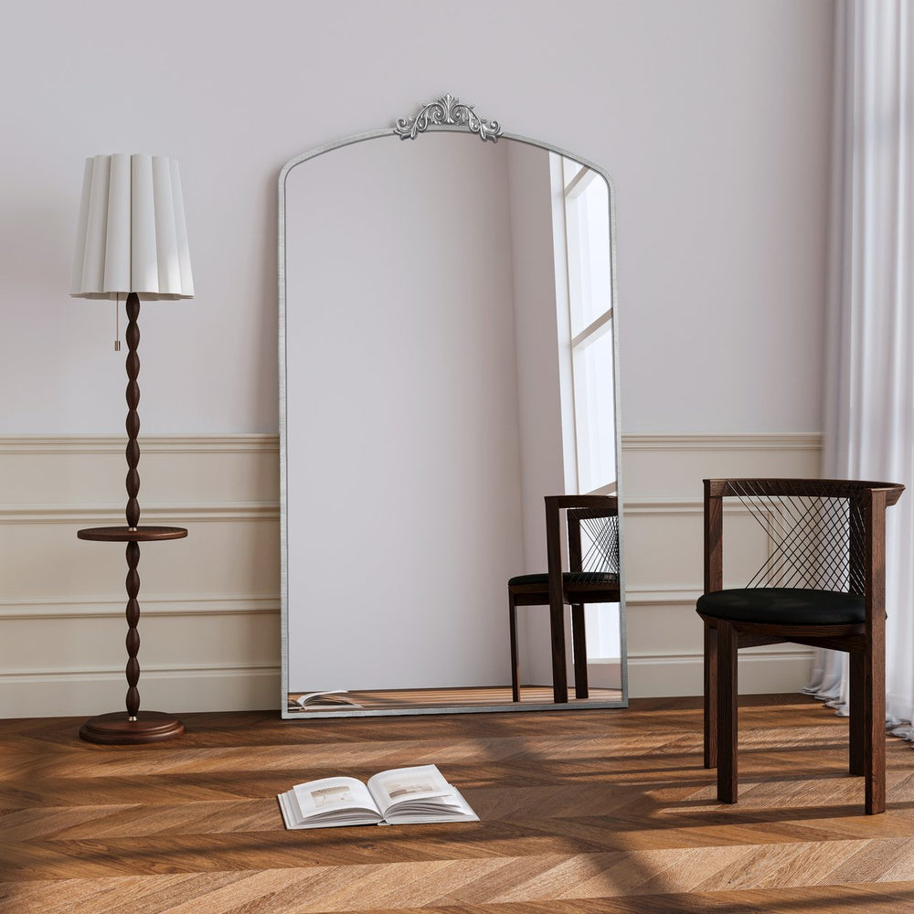 English Elm Full Length Vintage Ornate Arch Mirror 36x66 Inch Antique Silver Metal Frame Baroque Dressing Mirror for Entryway Bedroom Living Room Boutique Elegance W1435P278609