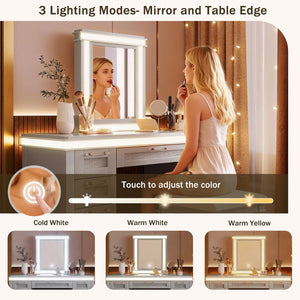 English Elm 48" Makeup Vanity Desk with Led Mirror Bamboo Weave Drawers Cushioned Stool Bedroom Grayish Blue N704P337484E