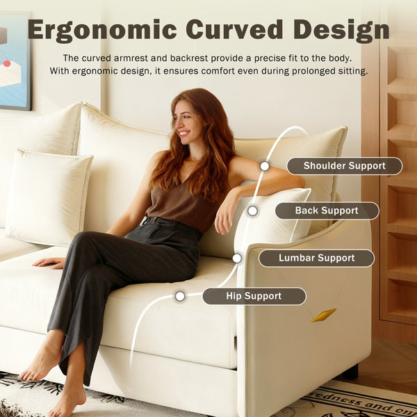 English Elm 81.9" 3-in-1 Convertible Sleeper Sofa Bed with Velvet Upholstery, 3 Pillows & Golden Trim Accent Beige+White W1885S00252