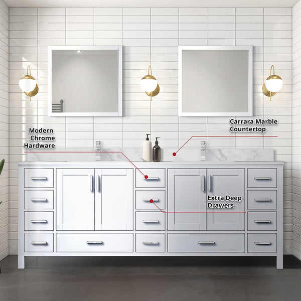 English Elm White Double Bath Vanity 84 in W x 22 in D with Carrara Marble Top, Chrome Faucet, 34in Mirrors, Durable Finish B2731S01062