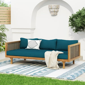 English Elm Christopher Knight Home® - Wicker Outdoor Patio Daybed and Coffee Table Set — All-Weather Acacia Frame, Water-Resistant Cushions Teak,Teal N770P234486F_N770P205570T