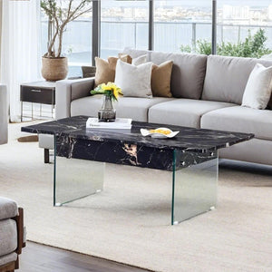 English Elm Multifunctional Lift Top Coffee Table with Tempered Glass Legs, Ergonomic Storage and Durable MDF Finish Black,Transparent W2920P226077