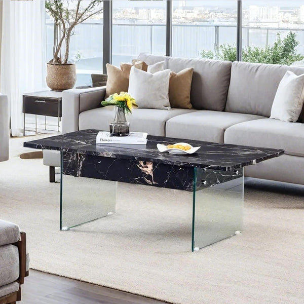 English Elm Multifunctional Lift Top Coffee Table with Tempered Glass Legs, Ergonomic Storage and Durable MDF Finish Black,Transparent W2920P226077