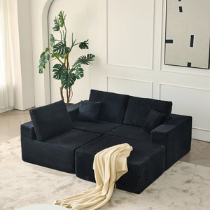 English Elm 110" Cloud Modular Sectional Sofa Boneless Corduroy 3-Seater with Ottoman & 2 Pillows, No Assembly, Luxurious Comfort Black W2656S00006