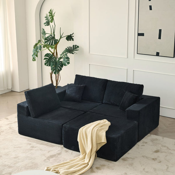 English Elm 110" Cloud Modular Sectional Sofa Boneless Corduroy 3-Seater with Ottoman & 2 Pillows, No Assembly, Luxurious Comfort Black W2656S00006