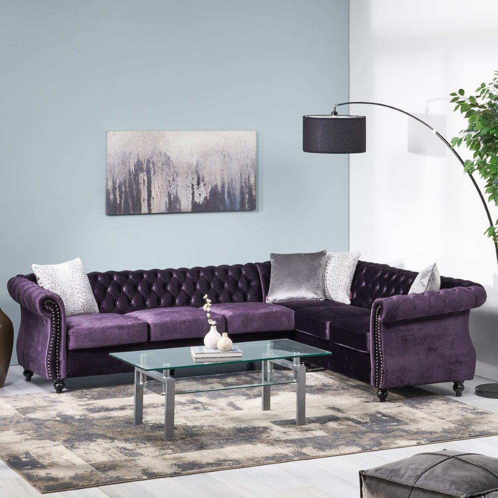 English Elm Mirod Velvet L-shaped Sectional Sofa Tufted Arms Rivet Accents Retro Living Room N760S0000038A