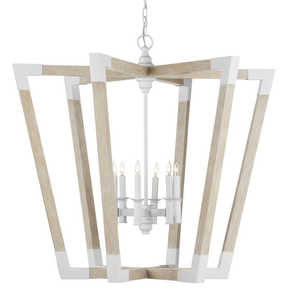 Bastian Sandstone Lantern - Elegant Arts & Crafts Inspired Chandelier in Sugar White and Wood Finish