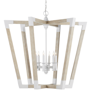 Bastian Sandstone Lantern - Elegant Arts & Crafts Inspired Chandelier in Sugar White and Wood Finish