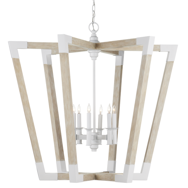 Bastian Sandstone Lantern - Elegant Arts & Crafts Inspired Chandelier in Sugar White and Wood Finish