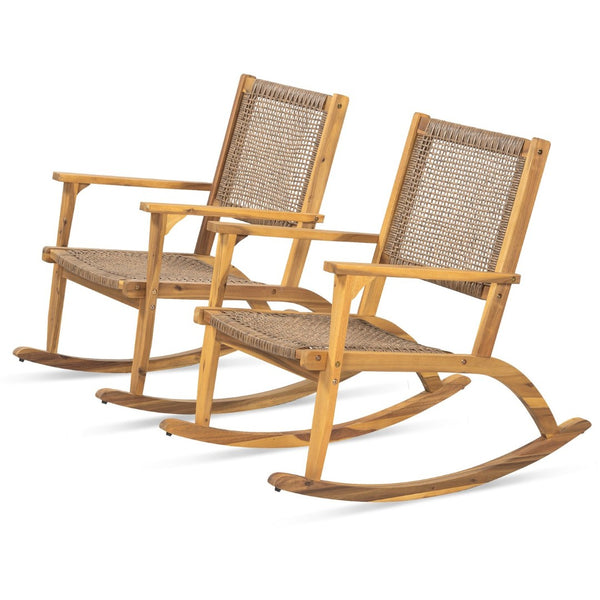 English Elm Go Acacia Wood Outdoor Rocking Chair Set Two Pe Wicker Seats for Patio Porch Natural N704P245214A