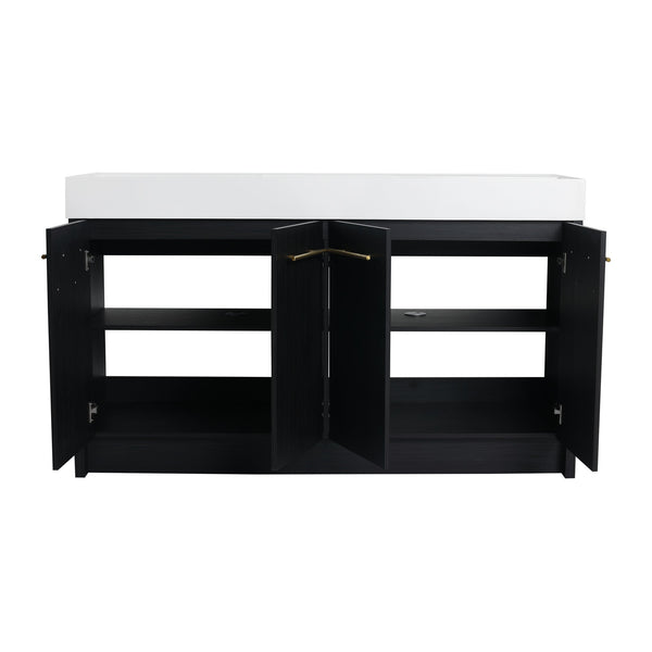 English Elm 60 Inch Freestanding Bathroom Vanity With Resin Double Sink & Soft-Close Doors For Modern Spaces W999S00181