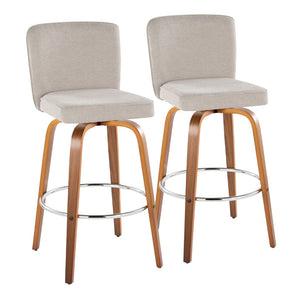 English Elm Fixed-height Swivel Barstools Mid-century Walnut Bentwood Frame Grey Upholstered Set Beige B202S01923