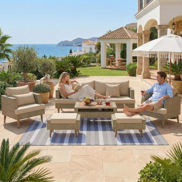 English Elm <old Old Sku Pe Wicker Six Piece Patio Conversation Set Acacia Wood Cushioned Outdoor Sofa Brown N704G201219D