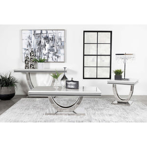 English Elm Durante Rectangular Coffee Table With Faux Marble Top And Chrome U-Shaped Base For Modern Elegance B062S00724