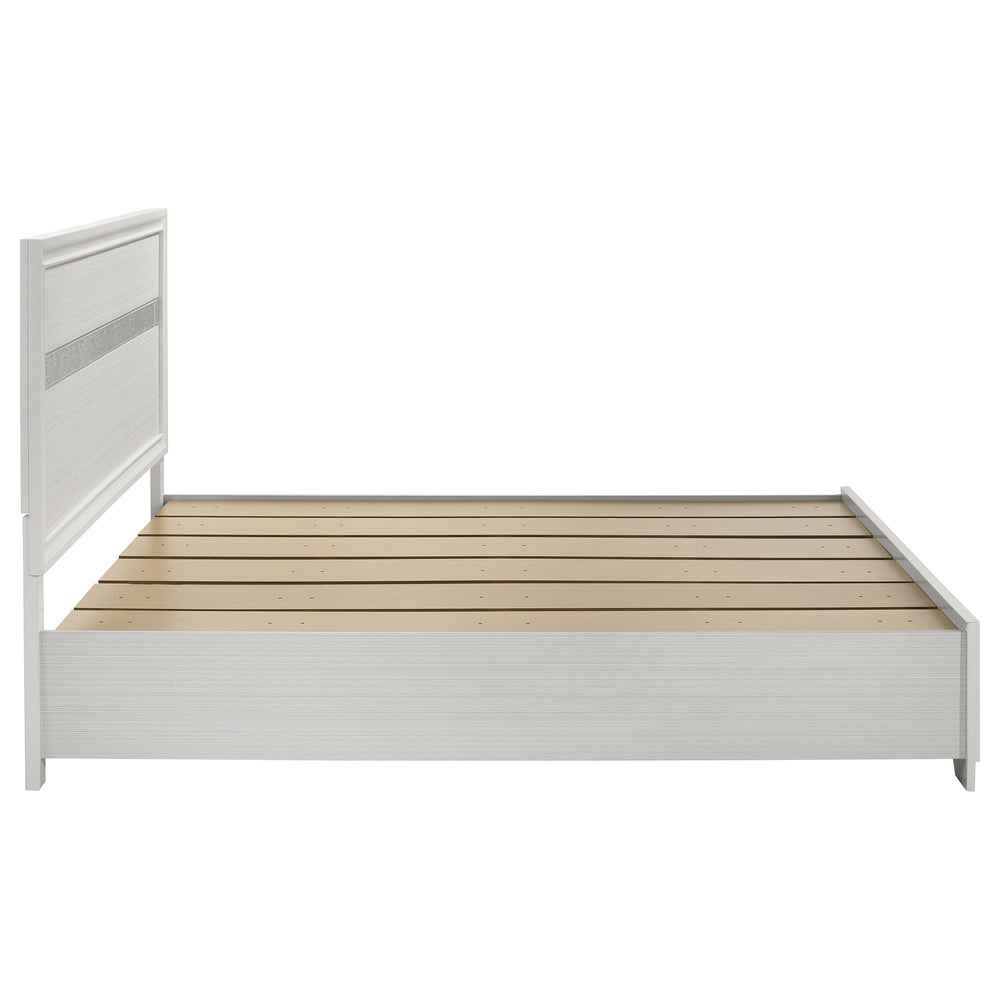 English Elm May Contemporary Eastern King Storage Bed with Shimmery Foil Headboard & Rhinestone Pulls, White B062S01085