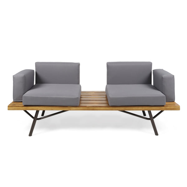English Elm Christopher Knight Home® - Canoga Industrial Outdoor Loveseat with Coffee Table Set — Acacia & Iron Frame, Water-Resistant Cushions, Teak Finish 62255.00TFNH_62256.00TFNH