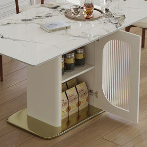 English Elm 63" Modern Dining Table with Sintered Stone Top, Solid Wood Gold Base, Storage Shelf & Glass Door, Ideal for Apartments and Families W2700S00065