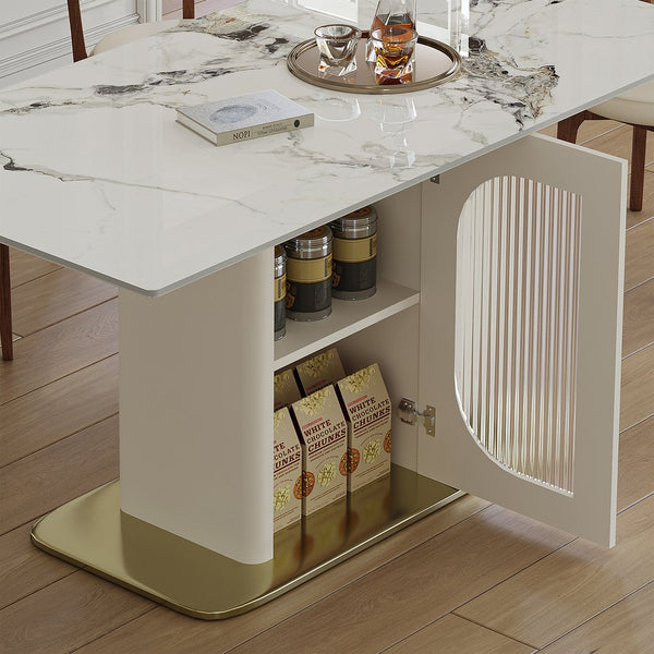 English Elm 63" Modern Dining Table with Sintered Stone Top, Solid Wood Gold Base, Storage Shelf & Glass Door, Ideal for Apartments and Families W2700S00065