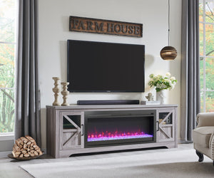English Elm 75" Gray Wood Tv Stand with 44 Inch Electric Fireplace for Living Rooms W1769S00009