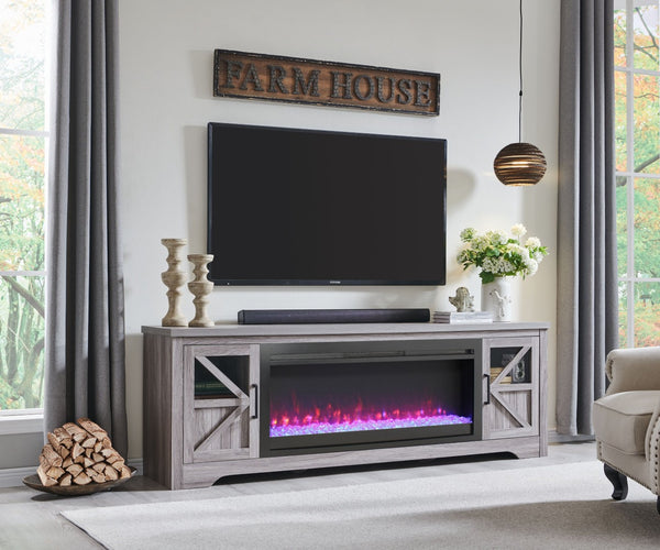 English Elm 75" Gray Wood Tv Stand with 44 Inch Electric Fireplace for Living Rooms W1769S00009