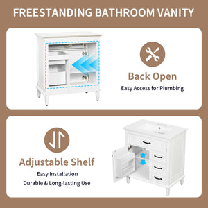 English Elm 30 Inch Freestanding Bathroom Vanity Solid Pine Cabinet Ceramic Sink Top Storage White N725P412782K