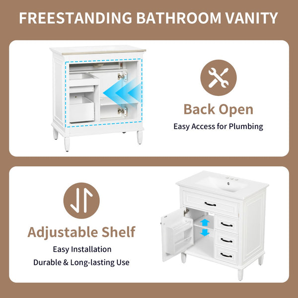 English Elm 30 Inch Freestanding Bathroom Vanity Solid Pine Cabinet Ceramic Sink Top Storage White N725P412782K