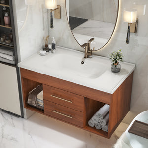 English Elm 35.4" Modern Bathroom Vanity with Integrated Ceramic Sink, Moisture-Resistant Wood, Soft-Close Drawers & Open Shelves, Oil Rubbed Bronze Handles, Sleek Design W3136S00026