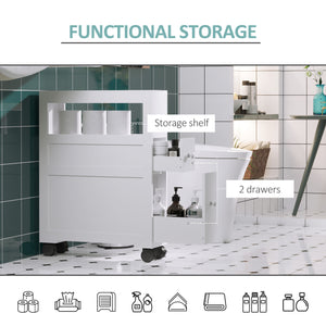 English Elm HOMCOM Slim Rolling Bathroom Cabinet with Shelf & 2 Drawers, Locking Wheels, MDF 6.25"x20.5"x28.25" W2225P216996