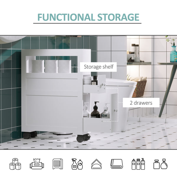 English Elm HOMCOM Slim Rolling Bathroom Cabinet with Shelf & 2 Drawers, Locking Wheels, MDF 6.25"x20.5"x28.25" W2225P216996
