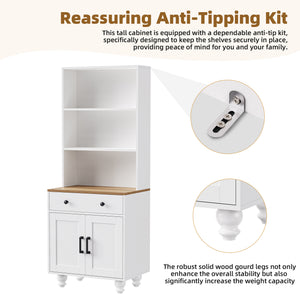 English Elm ON-TREND Farmhouse Storage Cabinet with Gourd Legs, Adjustable Shelves, Anti-Tip Tall Pantry Unit White+Natural N721P205790K