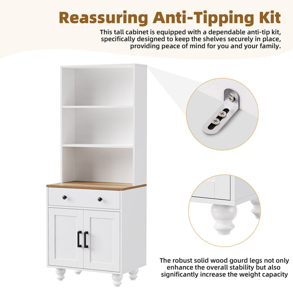 English Elm ON-TREND Farmhouse Storage Cabinet with Gourd Legs, Adjustable Shelves, Anti-Tip Tall Pantry Unit White+Natural N721P205790K