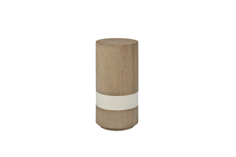 English Elm Spot Sculptural Table Toffee with Cream Marble Band — 12x12x24" Solid Wood Accent Side Table B2699P373203