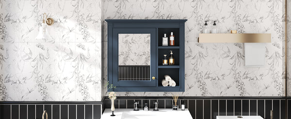 English Elm 30'' Modern Medicine Cabinet Wall Mirror with Hidden Storage and Adjustable Open Shelves for Bath Blue WF318452AAC