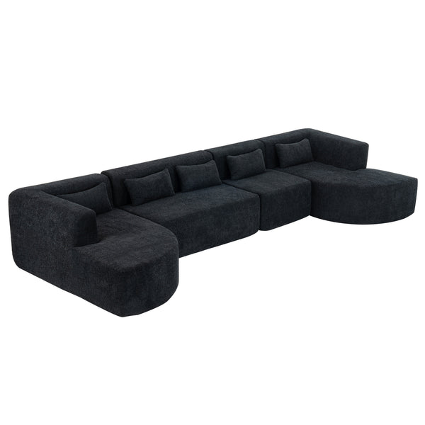 English Elm 144" Upholstered L-Shape Sofa with Bouclé Fabric, Plush Pocket-Spring Seats & Five Pillows for Living Room Black N719S001850B