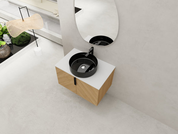 English Elm 30" Bathroom Vanity With Wall-Mounted Design, Ceramic Vessel Sink & Soft-Close Doors For Modern Homes W999S00447