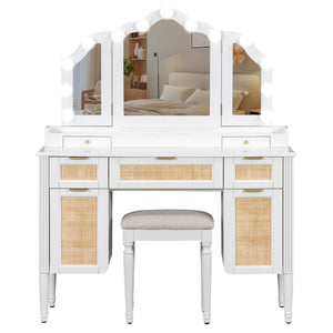 English Elm 44.37 Inch Hollywood Led Vanity Desk Tri-fold Mirror Bamboo Drawers Bedroom White N704P342558K