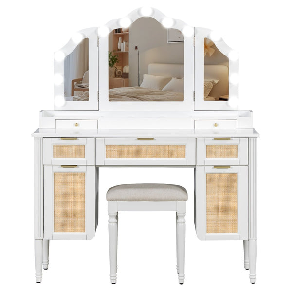 English Elm 44.37 Inch Hollywood Led Vanity Desk Tri-fold Mirror Bamboo Drawers Bedroom White N704P342558K
