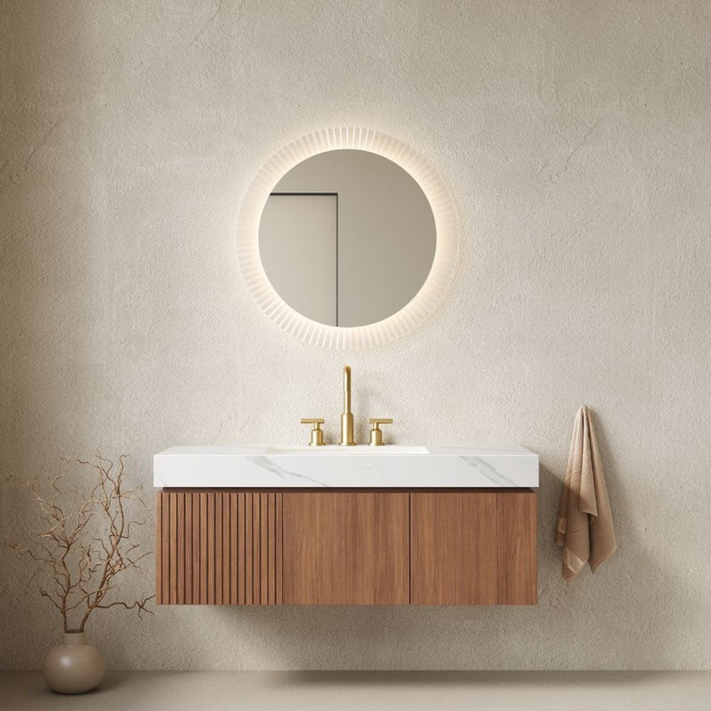 English Elm Muri Floating Bathroom Vanity Plywood Cabinet Sintered Stone Top Oak Woodgrain W2615S00628