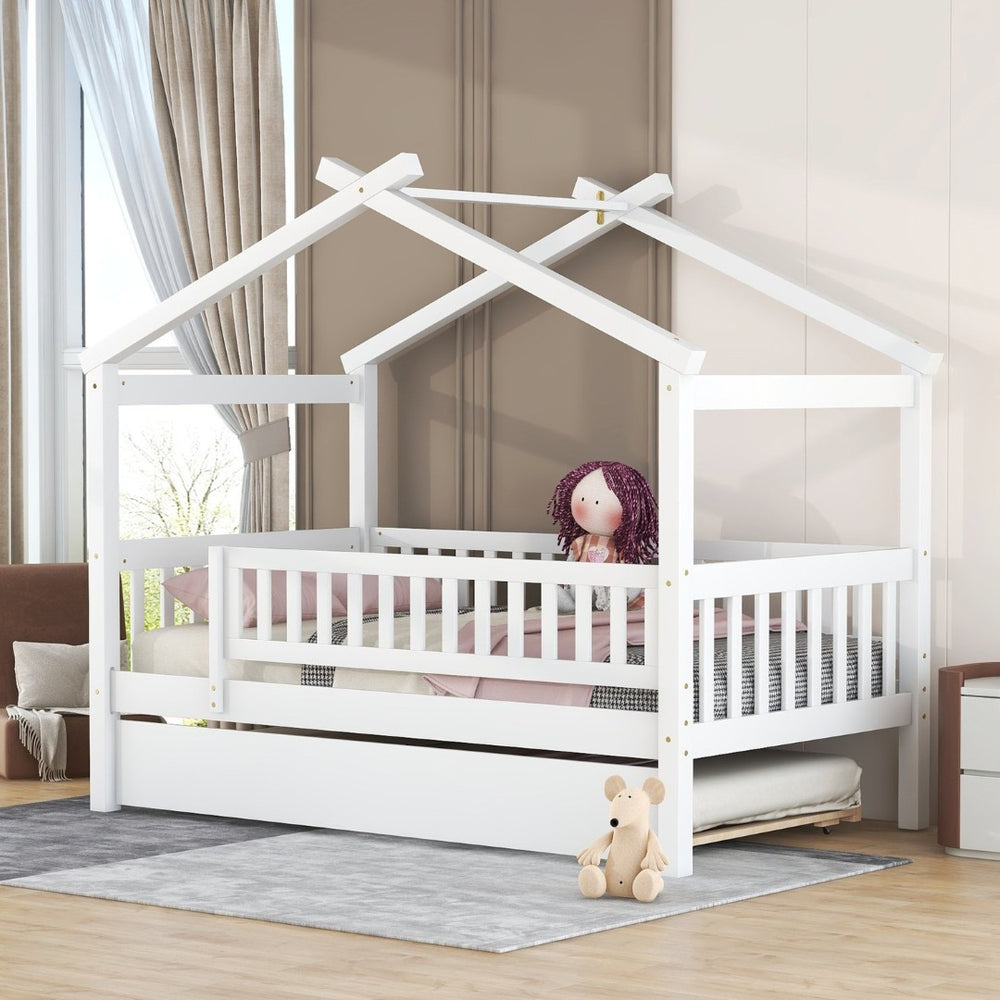 English Elm Twin House Bed with Trundle Solid Pine Frame Walnut Kids Bedroom Sleepover N708P357115K