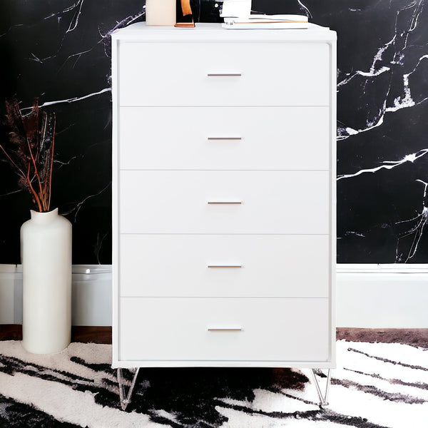 English Elm Deoss Five-Drawer White Finish Chest with Chrome Legs, Smooth Glide Ball Bearings & Safety Stop, Modern Storage B2726P256276