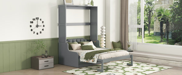 English Elm Queen Murphy Wall Bed with Integrated Chair Espresso Cabinet for Studio Apartments Gray LP000791AAE-3
