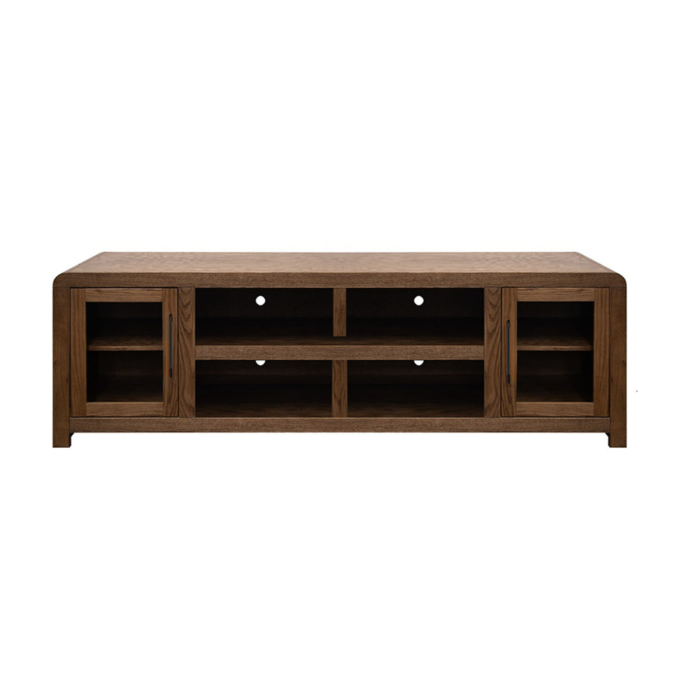 English Elm Haven 82" Fully Assembled Tv Stand With Glass Doors, Stylish Oak Bourbon Finish For Tvs Up To 90" B108P364415