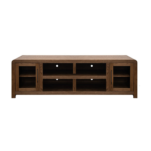 English Elm Haven 82" Fully Assembled Tv Stand With Glass Doors, Stylish Oak Bourbon Finish For Tvs Up To 90" B108P364415